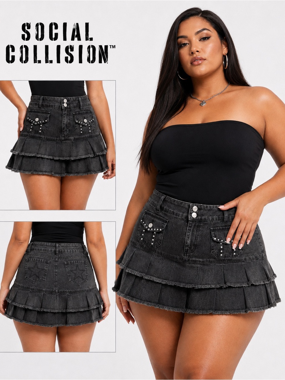Social Collision Black Stud Ruffle Denim Mini Skirt 1X 14 Y2K Hot Topic Punk